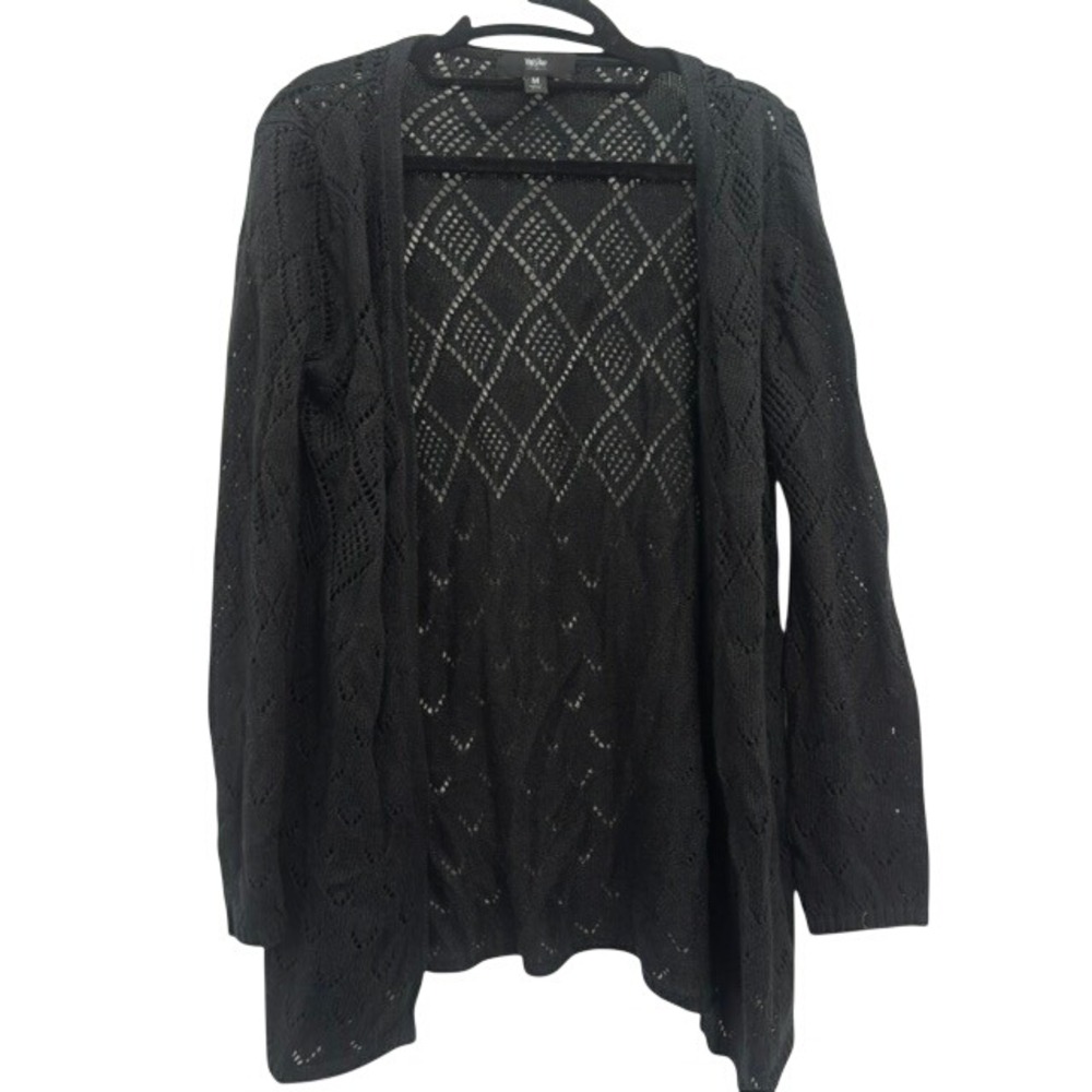 Mossimo Cardigan Sweater Black Pointelle Diamond Open Front Longline Medium